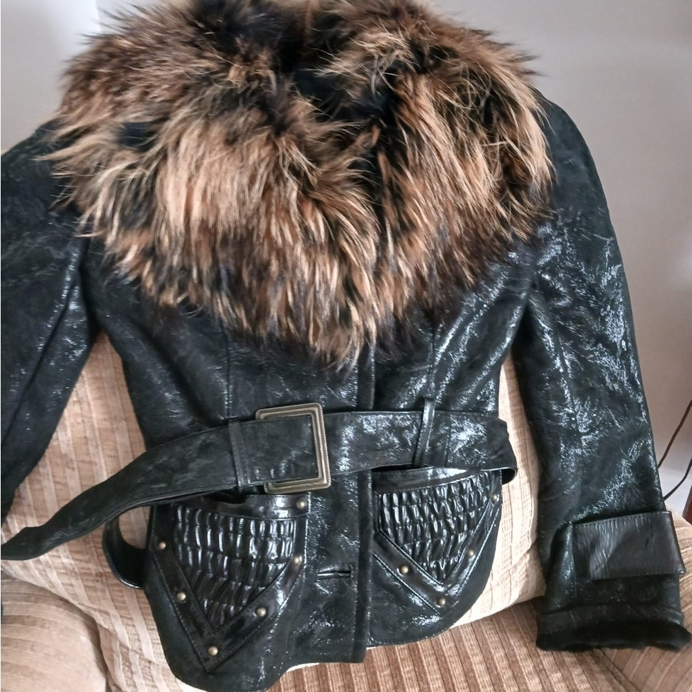 Women's Black Leather Jacket with Faux Fur Collar